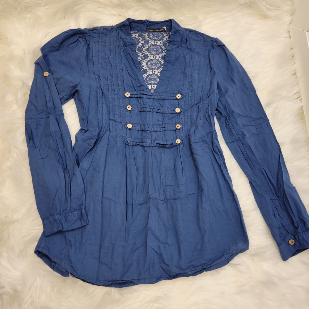 ●4x$20 Cassis women M blue greyish collection cotton lace tunic blouse roll-up